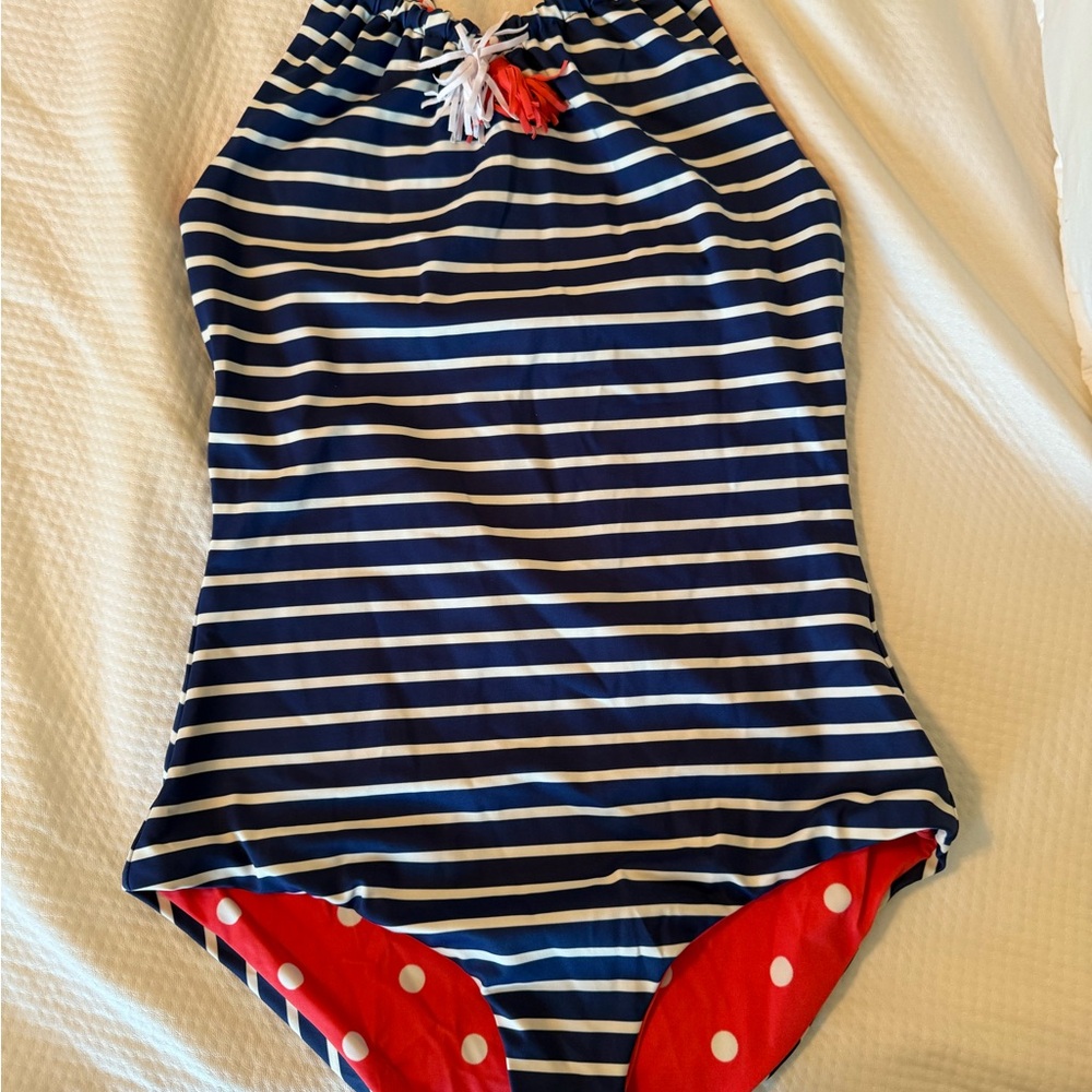 Boden Blue and White Striped Kids Swimsuit with Red Accents